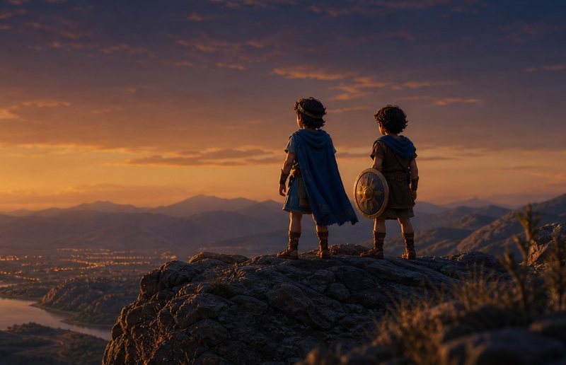 Two animated boys in tunics and capes look out over a valley city at sunset