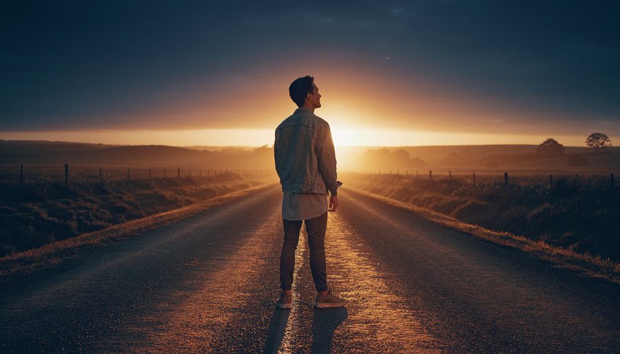 A young man stands on an open country road facing a golden sunrise