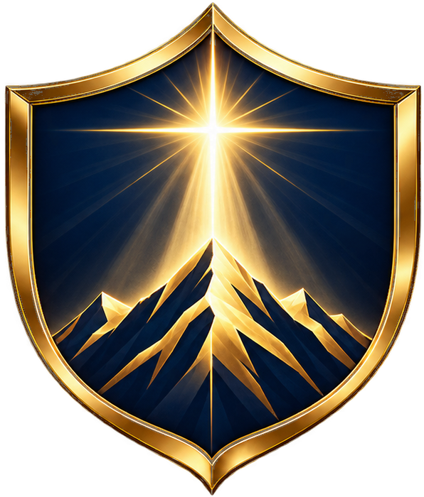 Lumencrest Film Company emblem: a gold shield with a radiant cross of light above a mountain peak